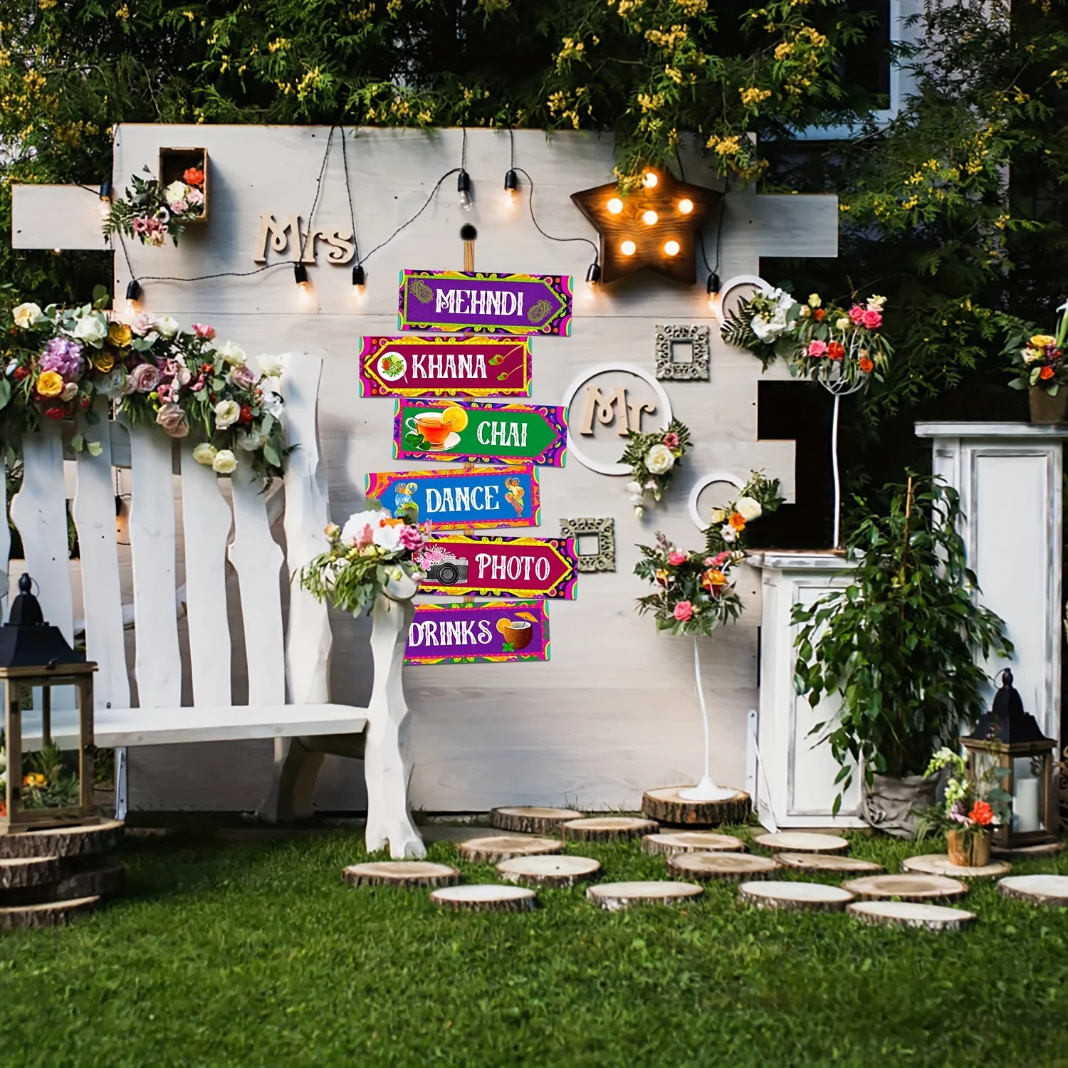 6-teiliges Indisches Hochzeits-Wegweiser-Set, Farbenfrohe Mehndi-Party-Schilder für Khana, Chai, Tanz, Foto- und Getränkestation-Dekoration – Detail 5