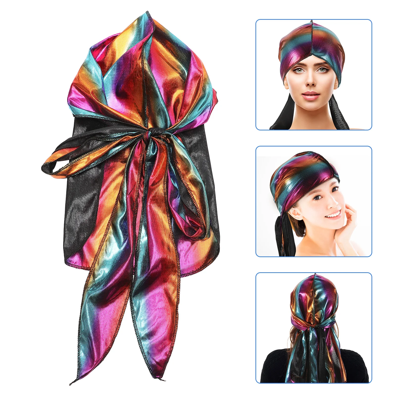 

1pc Long Tail Pirate Hat Colorful Satin Scarf Bonnet Elastic Neck Cover For Hair Protection Wide Brim Costume Party Cosplay