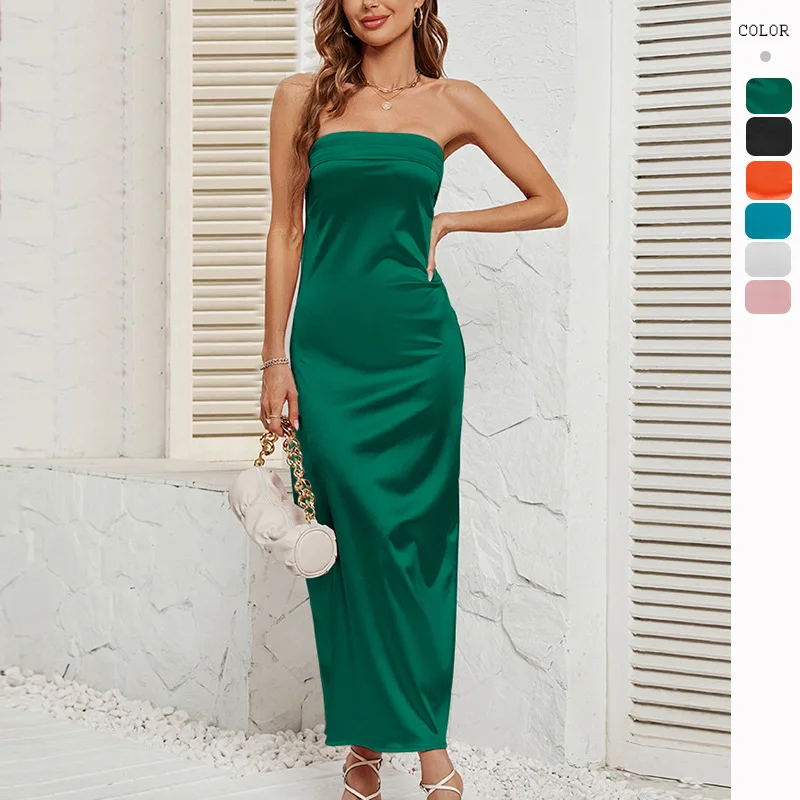 Summer Women's  Color Wrap Chest Elastic Ba Satin Dr High Waist Long Skirt No Sve High Waist European Sle Dr