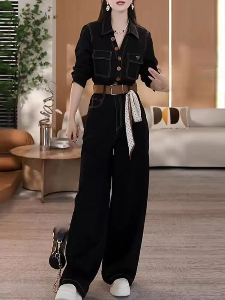 

Комплект рабочей одежды Sli: комбинезон и брюки с широкими штанинами на высокой талии из полиэстера для женщин, осень 2025