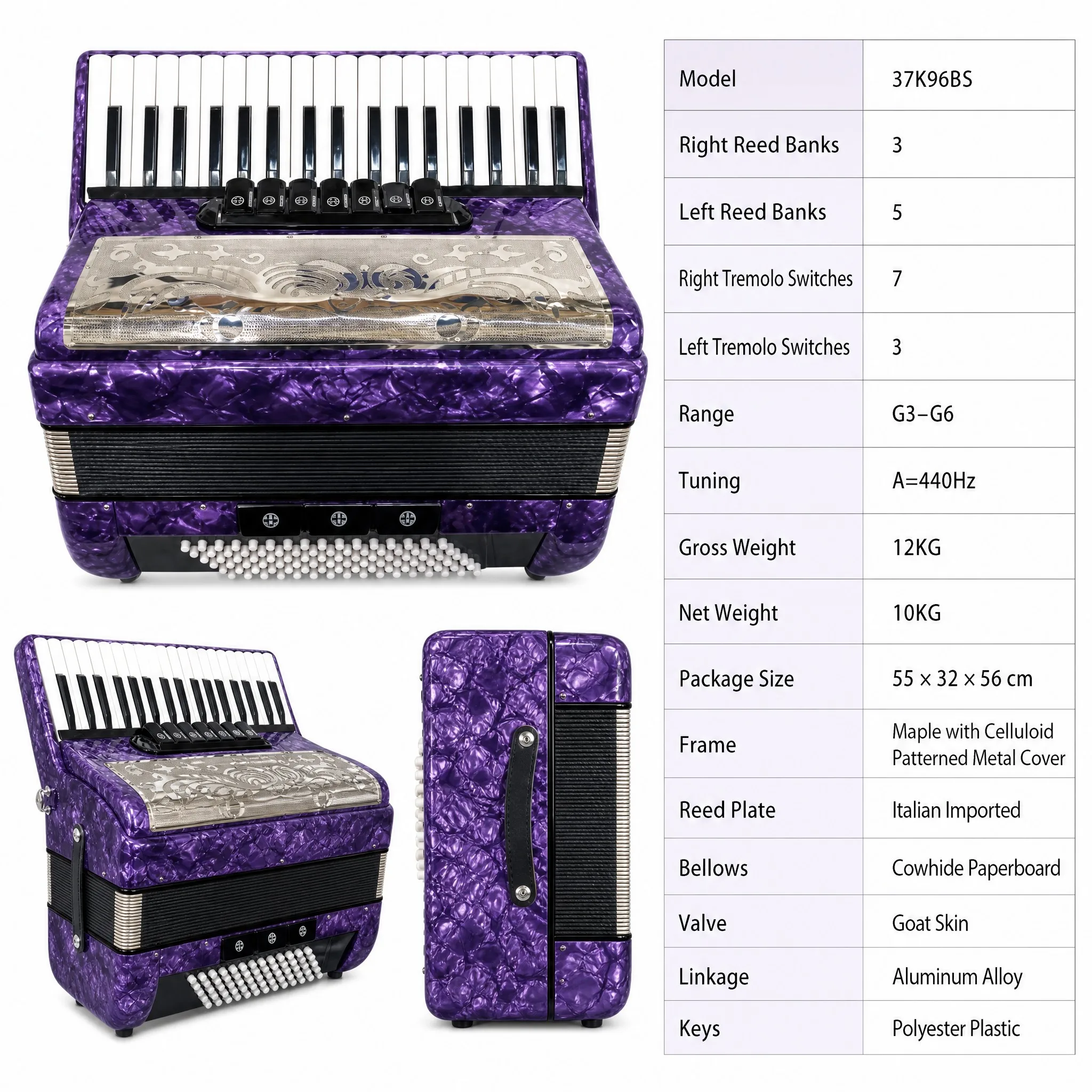 Wholesale Professional Purple 37 Keys 96 Bass Piano Accordion Metal Cover With Exquisite Carved Patterns Acordeon