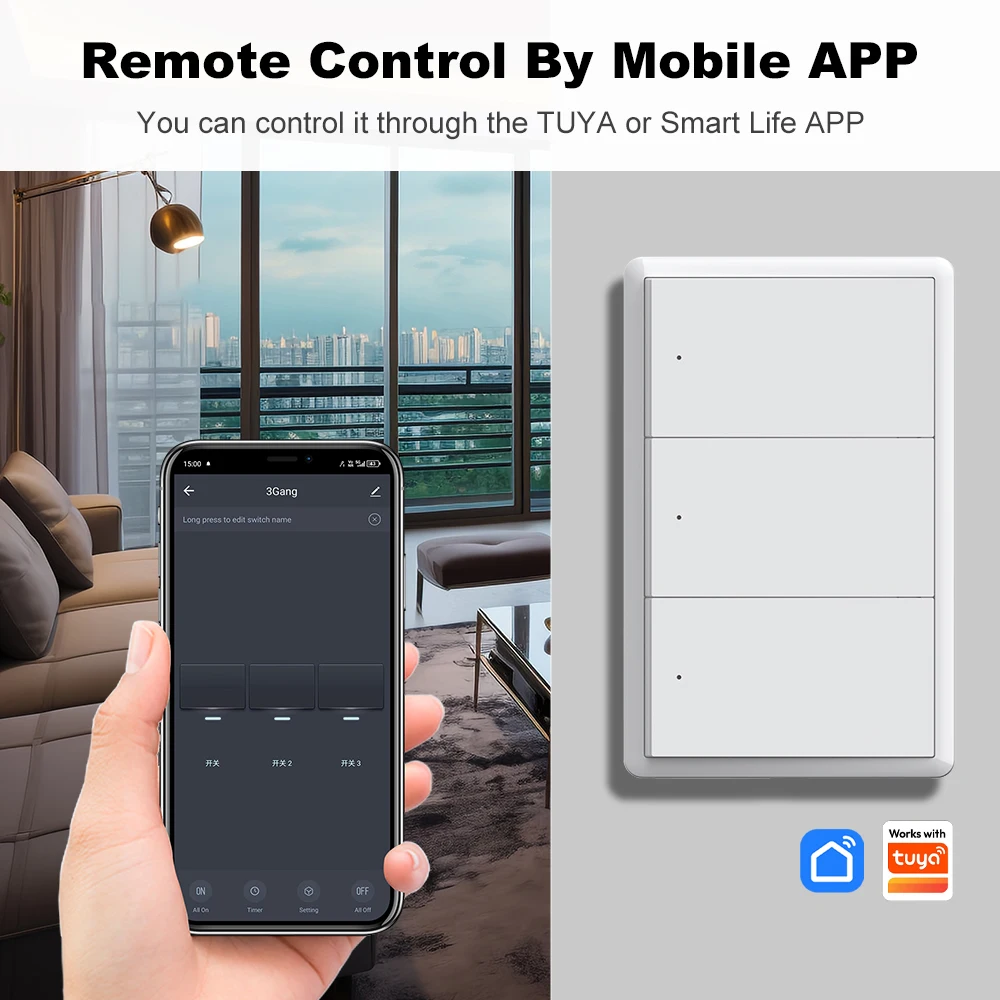 MANHOT Zigbee Smart Light Switch No Neutral Wire Required 1-4 Gang Push Button Voice Control Works with Tuya Smart Life & Alexa