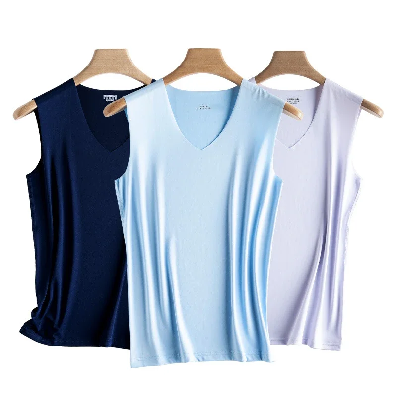 

M-5XL Male Summer Casual Vest Sleeveless V-Neck Ice Silk Vest T-Shirts Tank Top Breathable Sports Undershirt Gyms Running Vest