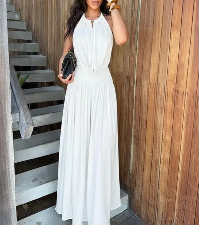 

2026 summer new women's fashionable and elegant temperament hanging collar V-neck pleated skirt wide leg two-piece set