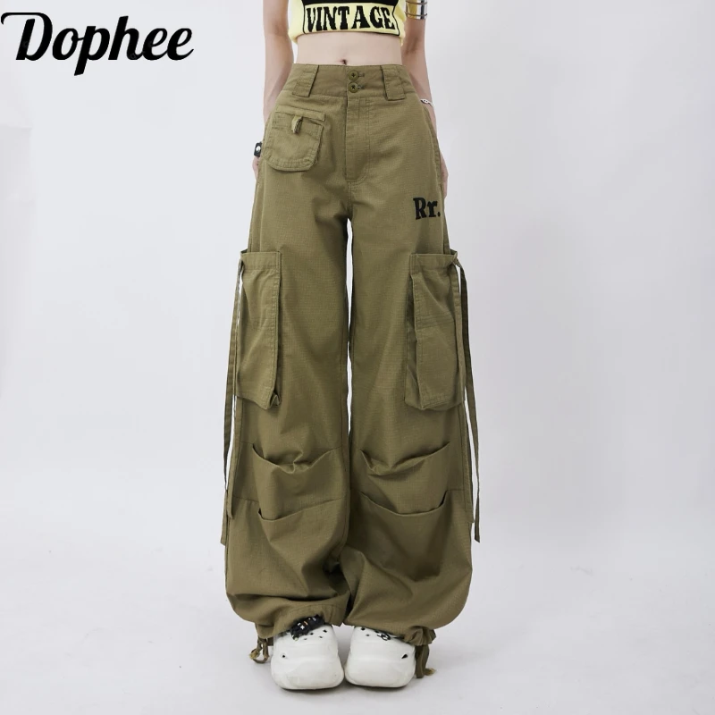 Dophee Green Cargo Pants Women New Summer American Street Big Pocket All-match Casual Wide Leg Trousers Spice Girls Dance Pants