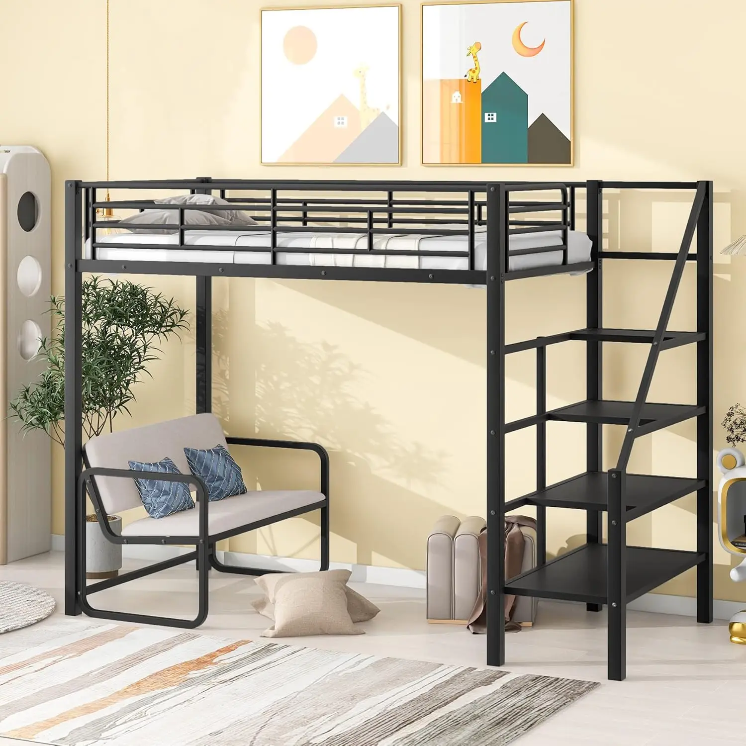 Lostcat Twin Size Loft Bed With Bench, Metal Twin Loft Bed With Storage Staircase, Loft Bed Twin For Bedrooms, Easy Assembly,