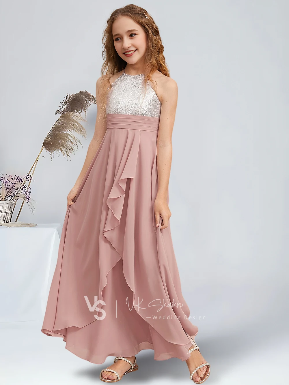 A-Line Halter Floor-Length Chiffon Sequin Junior Bridesmaid Dresses Dusty Rose Stunning Flower Girl Dresses Party Wedding Kids