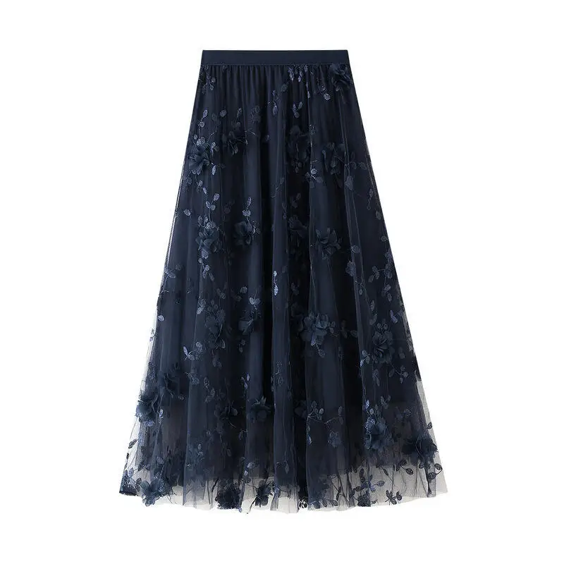 Hot 2026 Summer New Mesh Embroidered Heavy Duty Half Body Yarn Skirt Fashion Versatile Princess Style High Waist A-Line Skirt