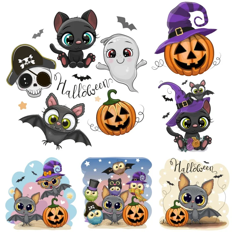 Parches de dibujos animados de Halloween con temática de murciélagos, calabazas y Boo, termoadhesivos para ropa, pegatinas térmicas DIY para camisetas infantiles y apliques termoadhesivos para mujer