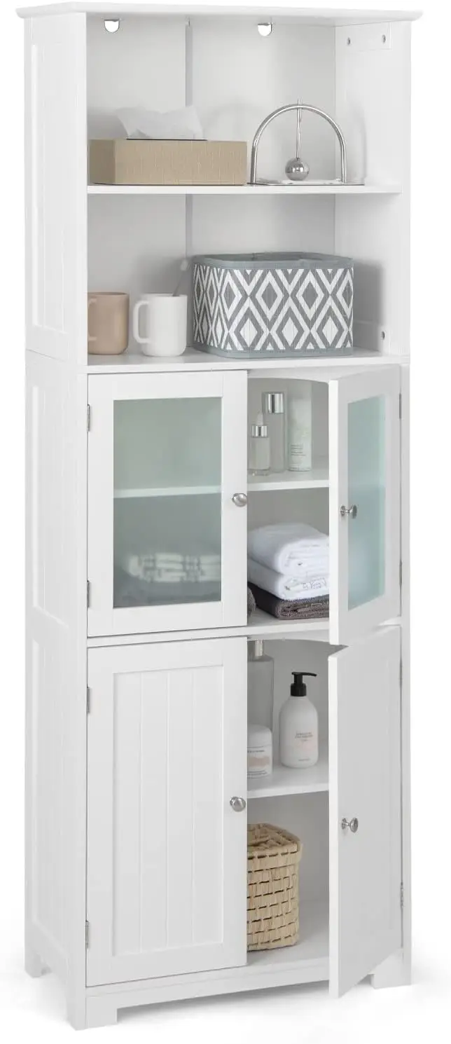 Tall Bathroom Storage Cabinet, Freestanding Floor Cabinet w/2 Glass Doors & 2 Open Shelves, 3-Position Adjustable Shelves