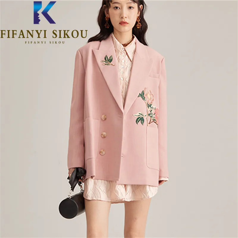 Pink Blazer Jackets Women 2022 Spring Casual Elegant Suit Jacket Single Breasted Fashion Floral Embroidery Blazers Coat Female