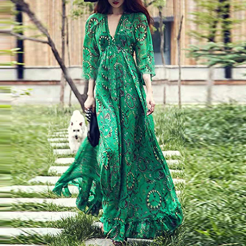Vintage Print Pleated Bohemian Dress Sexy V-neck High Waist Robe Dress 2023 New Women Casual Half Sleeve Ruffle Dress Vestidos