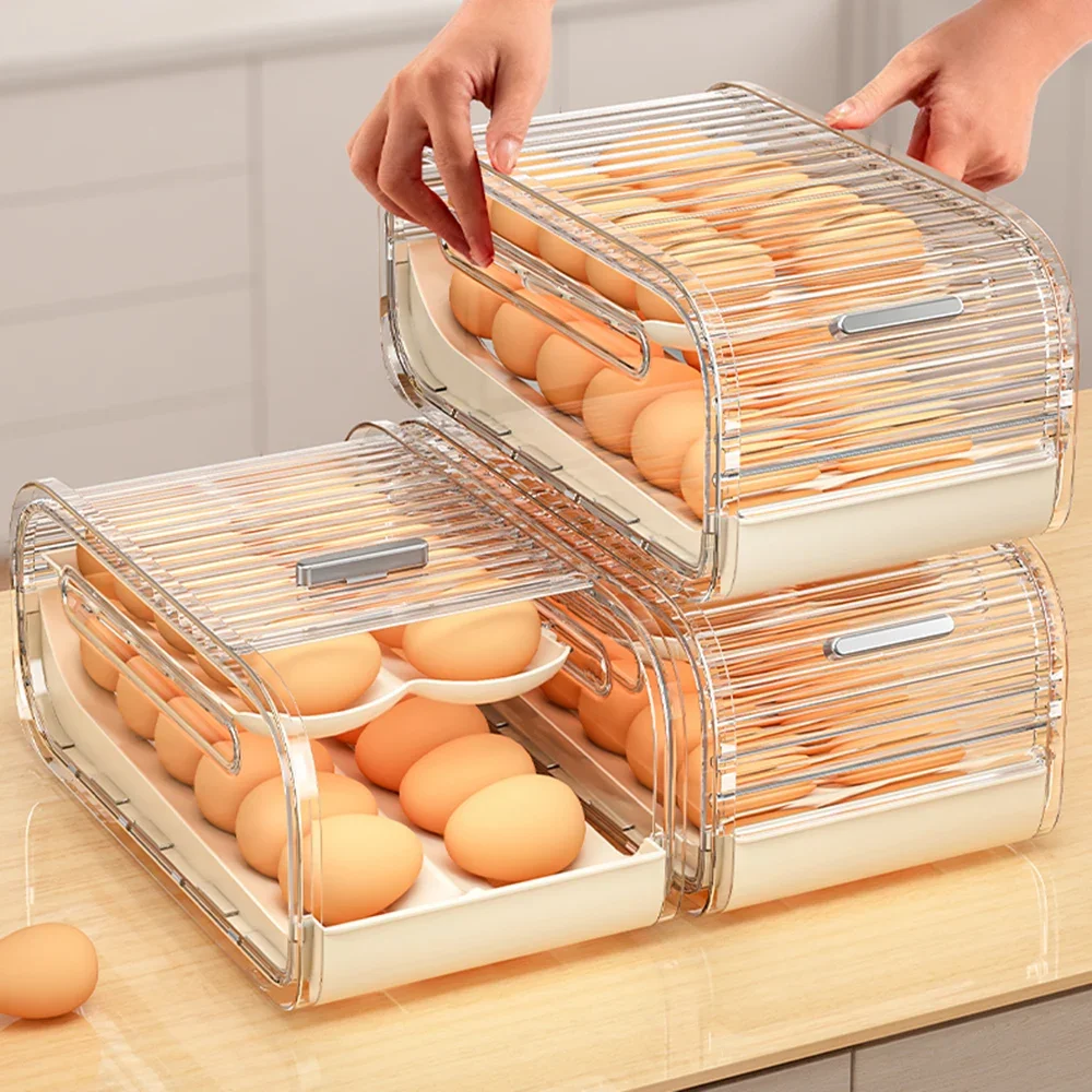 

2026 НОВЫЙ ящик для хранения яиц на колесиках — двухслойный органайзер для холодильника, автоматический ролик для яиц, кухонный ролик для хранения свежих продуктов