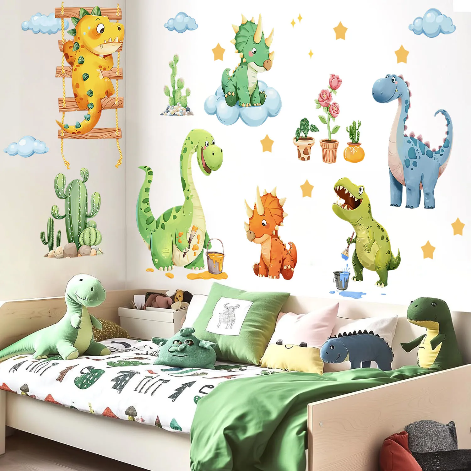 Watercolor Funny Dinosaur Cactus Wall Decals, Cartoon Cute Dino Playing Cacti Wall Stickers Baby Nursery Playroom Home Decor