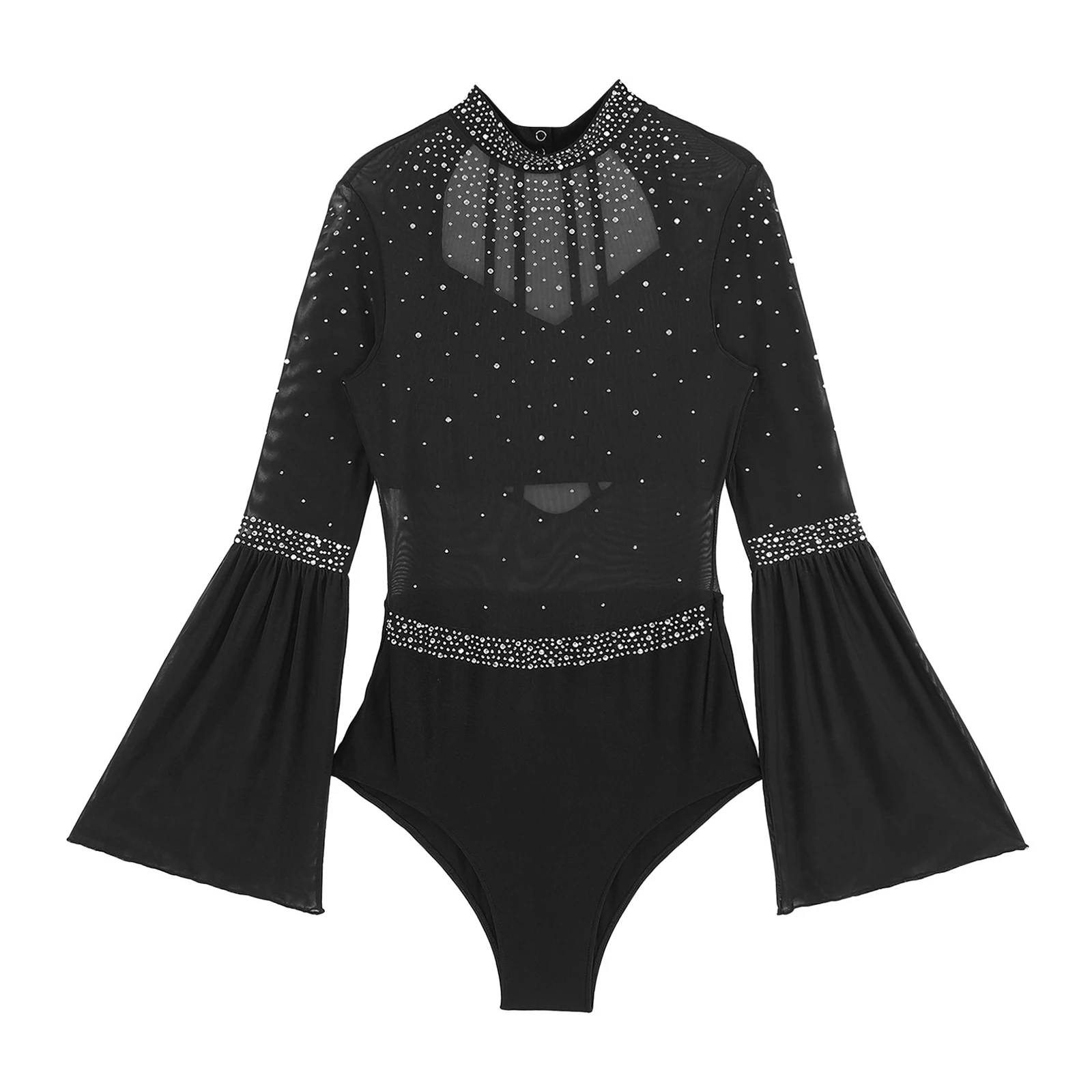 Damen Eiskunstlauf Rhythmische Gymnastik Performance Kostüm Flare Sleeve Sparkly Strass Ballett Tanz Trikot Tanzbekleidung – Detail 24