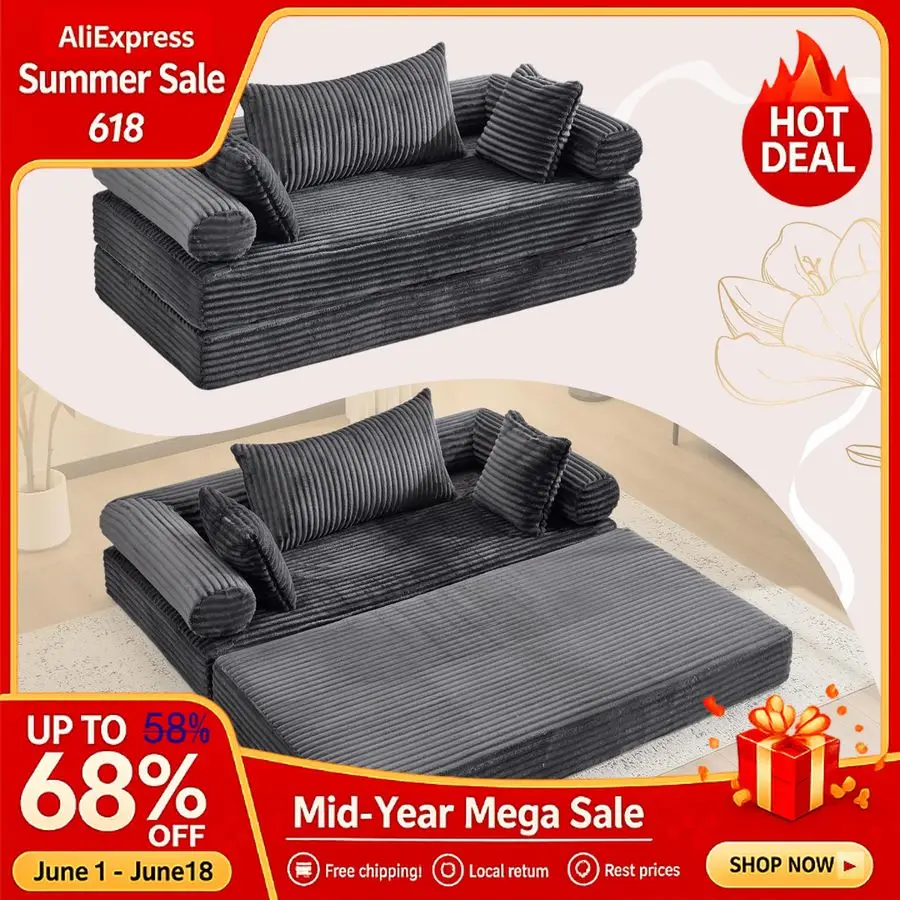

Convertible Futon Sofa Bed, Upholstered Corduroy Boneless Couch King Size Floor Loveseat Sleeper Sofa with 2in1 Throw Pillow