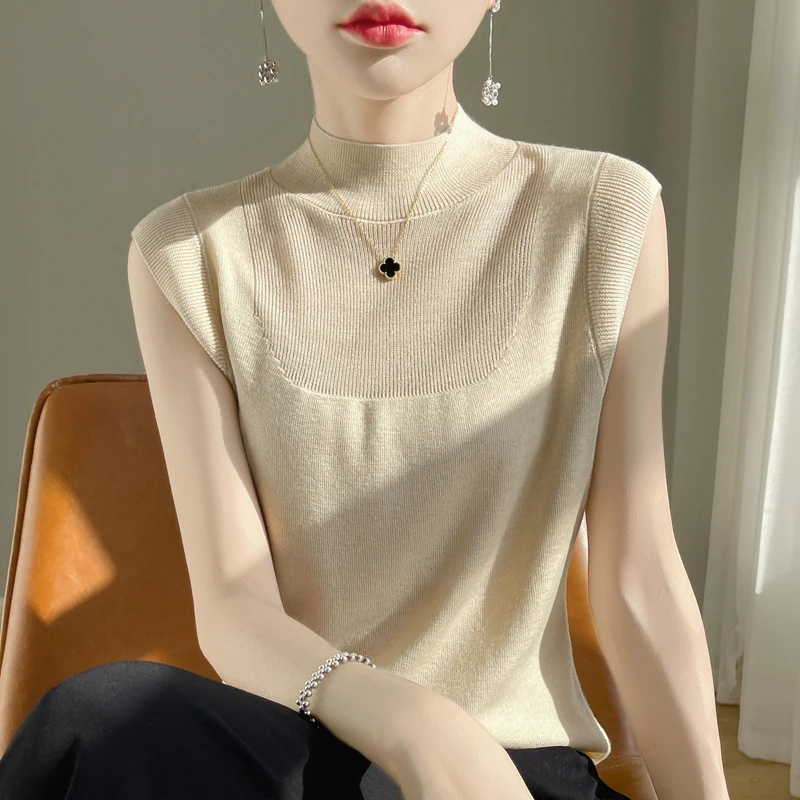 Rongfei Te sleeveless women's half high neck suspender bottom sweater solid color suit with wool pullover underneath