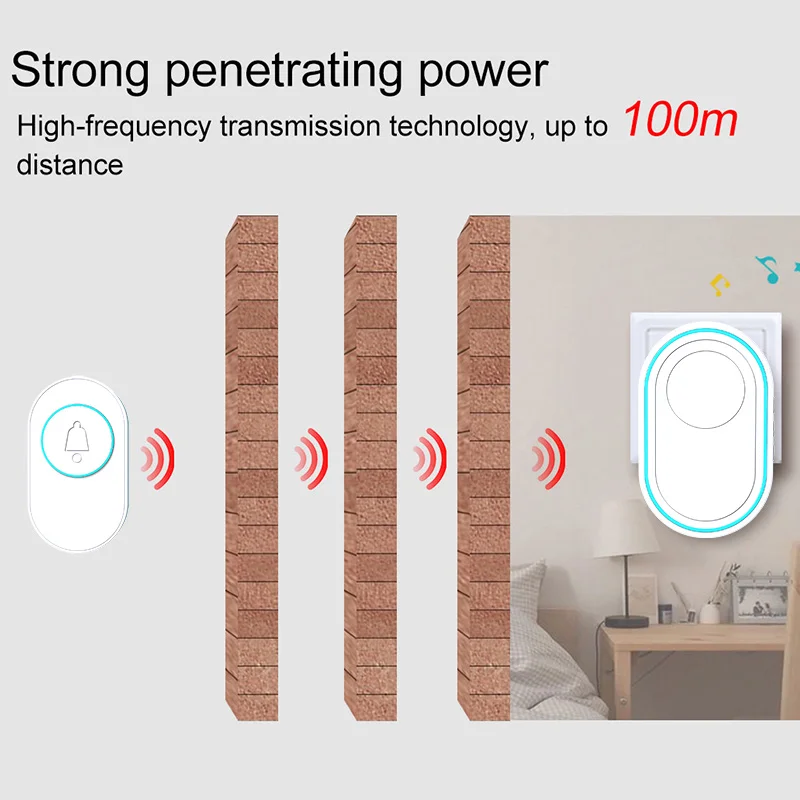 Wireless Doorbell IP67 Waterproof OutDoor Button Smart Home Door Bell LED Flash Security Alarm For House