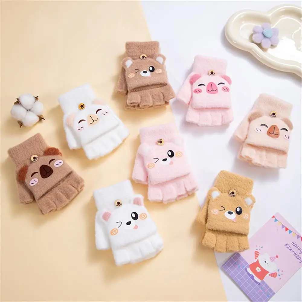 Capybara Kids Winter Gloves Thickened Mink Fleece Student Half-Finger Flip Gloves Cartoon Warm Knitted Mittens for Boys Girls