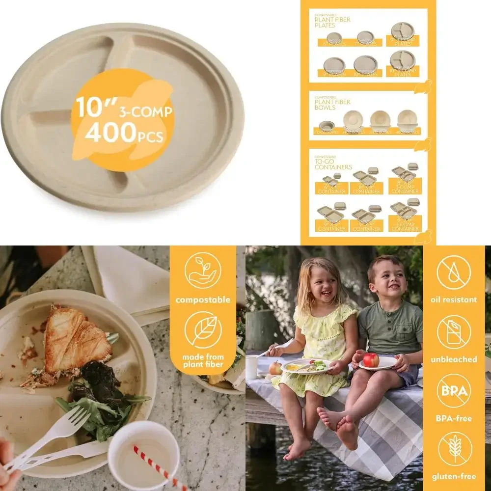 

Экологичные биоразлагаемые бумажные тарелки, 10 упаковок из 3 отделений, в бамбуковом стиле, большой размер для ужина, прочные для столовой,