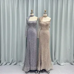 YQLNNE Unique Nude One Shoulder Prom Dresses Long Sleeve Crystals Left Split Mermaid Formal Evening Party Gown Dubai