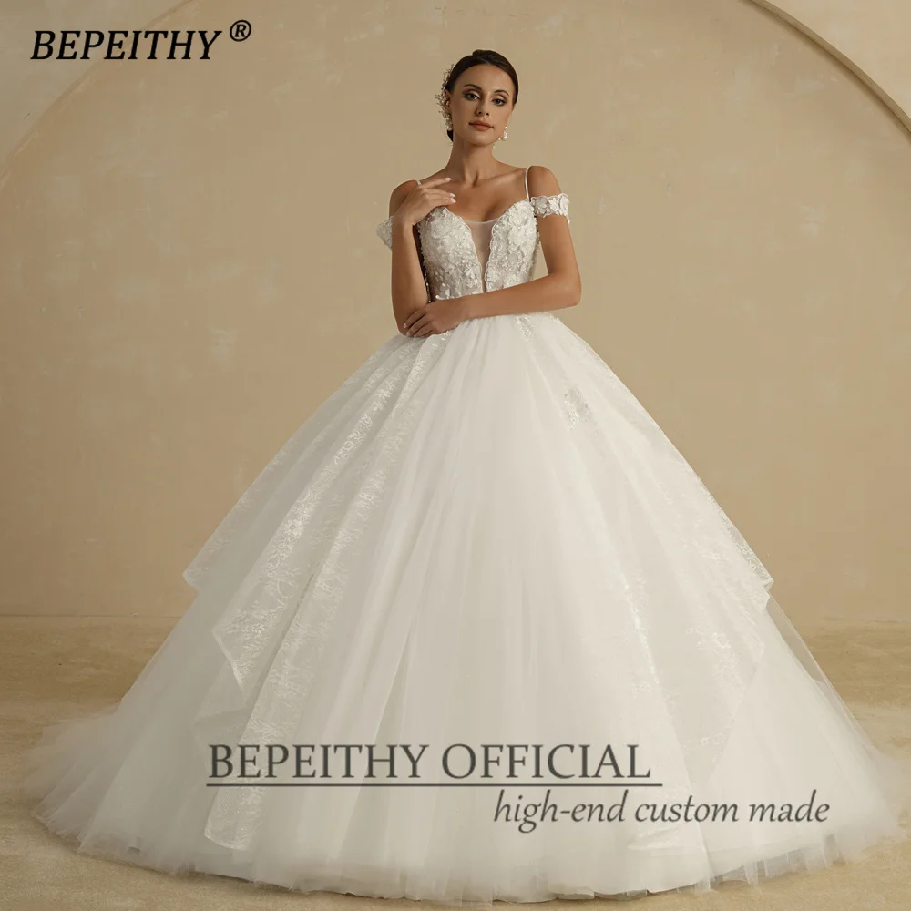 BEPEITHY-vestidos de novia de princesa para mujer, traje de novia blanco con encaje de flores, hombros descubiertos, marfil, 2022