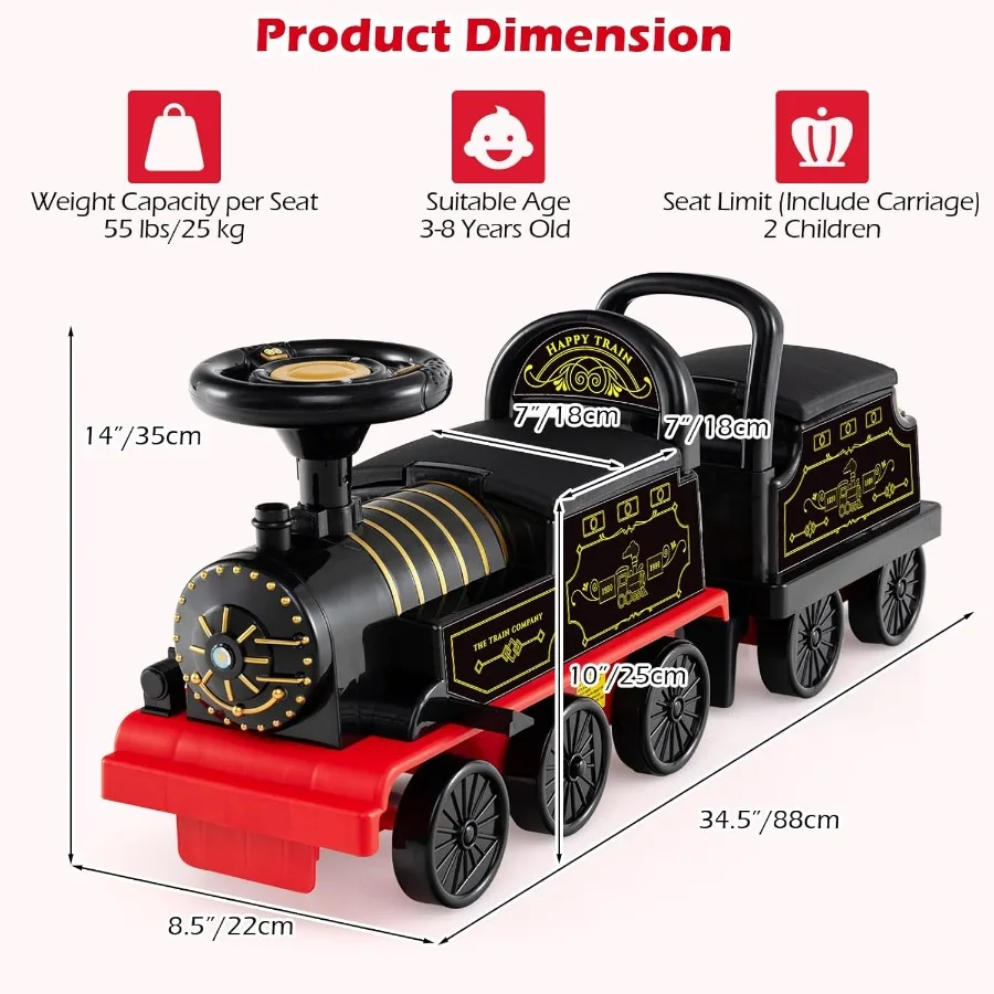 Tren de 2 plazas de 6 V con carro, almacenamiento, silbato de tren, música, luces para mayores de 18 meses (2 plazas, retro)