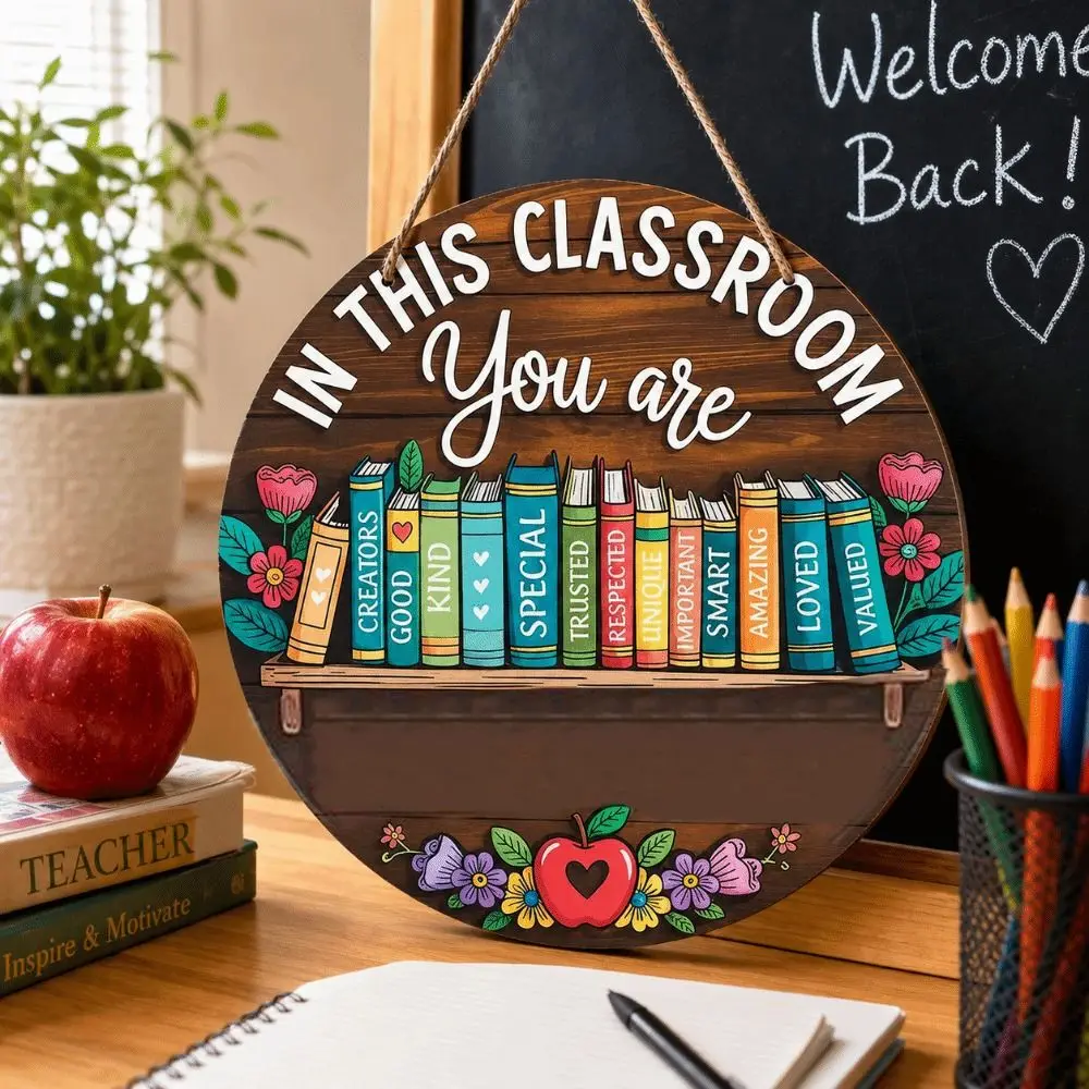 2D Flat Welcome Sign Colorful Round Wooden School Door Hanging Decoration Ornaments Classroom Door Sign Teacher Appreciation