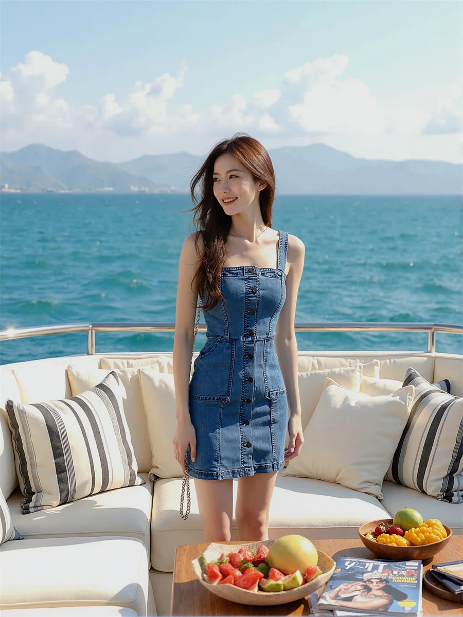 Women'S Dress Y2K Vintage Square Collar Denim Side-Slit High-Slit Thigh-High Splited Splits Splitting Slits Cut-Out Cutout