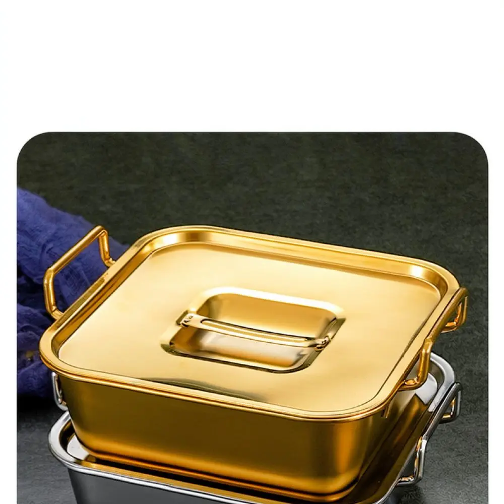 For Xingjiang Metal Square Tray Stainless Steel Gold Serving Plate With Lid Double Ears Design Food Container For Restaurant