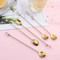 1Pcs Long Handled Stainless Steel Stirring Spoon Creative Diamond Gold Color Dessert Spoon For Home Kitchen Coffee Stir