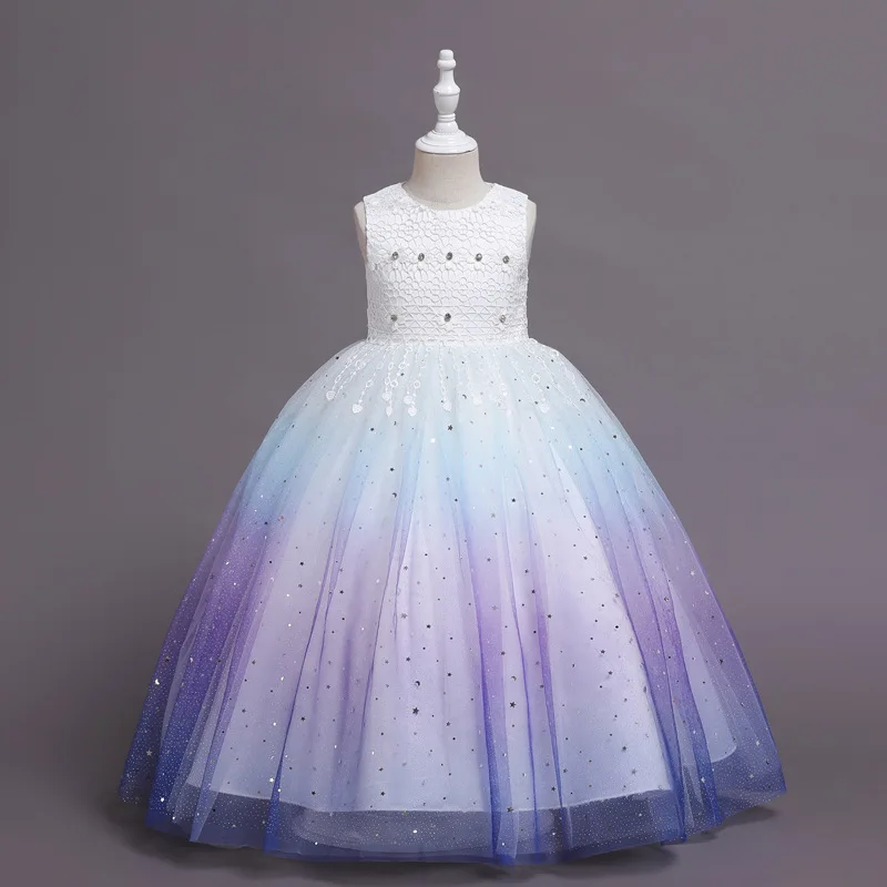

Children Ombre Gradient Sequin Studded Tulle Skirt Kid Sleeveless Princess Style Lace Embroidered Bodice Dress Elegant Girl Gown