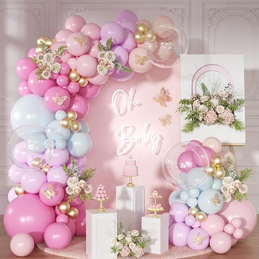 Kit de arco de globos rosa claro y azul con guirnalda de globos de princesa dorada, rosa y naranja para boda, cumpleaños, Baby Shower G
