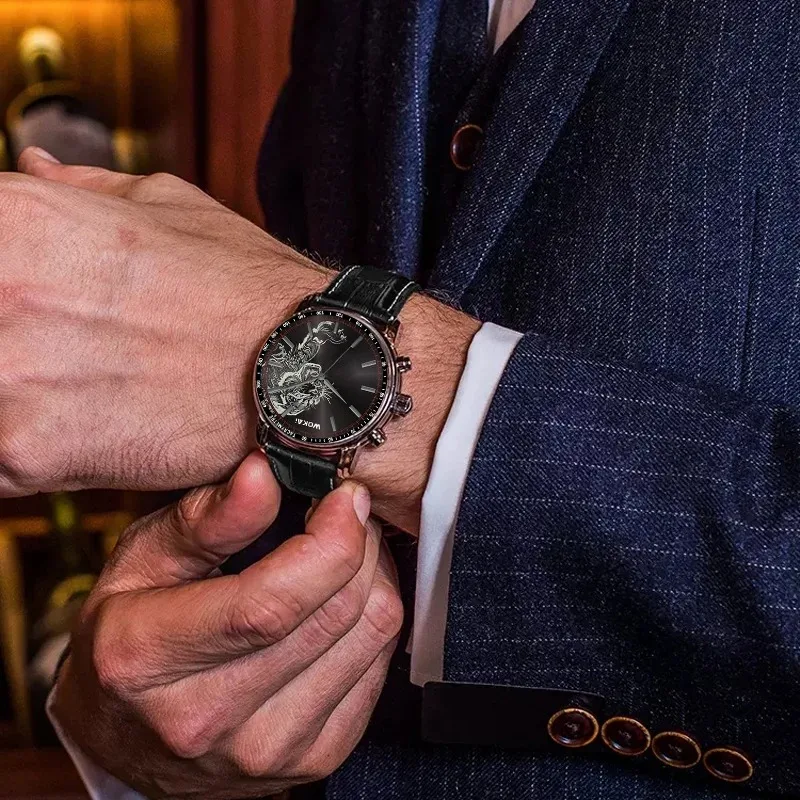 Мужские часы с кожаным ремешком, тигровый циферблат, аналоговые кварцевые часы, роскошные деловые наручные часы, мужские подарки Relógios Masculino
