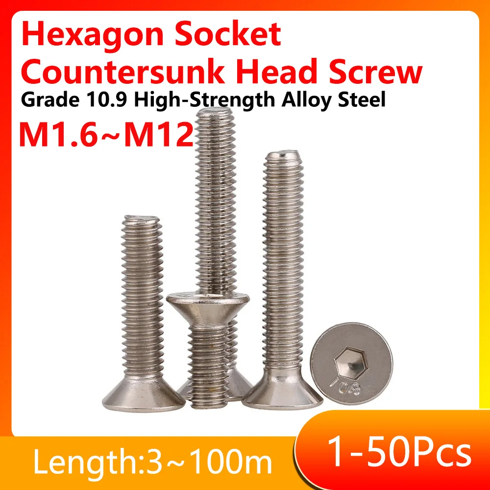 M1.6 M2 M2.5 M3 M4 M5 M6 M8 M10 M12 Grade10.9 High-Strength Alloy Steel Nickel-Plated Countersunk Head Hex Socket Screws Bolt