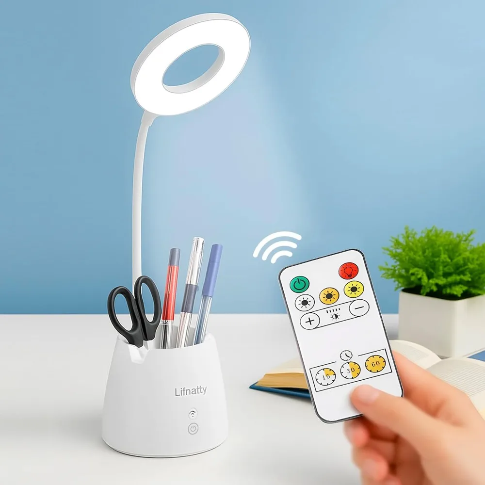 Desk Lamp, Led Desk Light, Dimmable Small Table Lamp for Home Office, Wireless, Remote Control, 3 Modes, Gooseneck, Rechargeable