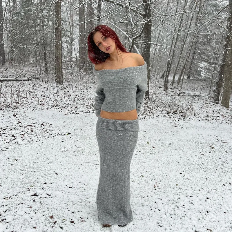 

French Style Lazy Elegant Knitted Skirt Sets One Shoulder Sweater Top Long Skirt Women Autumn Winter Two-piece Set