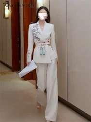 Elegant Socialite Pants Sets Winter Vintage Flower Embroidered Suit Collar Lace Up Slim Jackets + Wide Leg Pants Two-Piece Sets