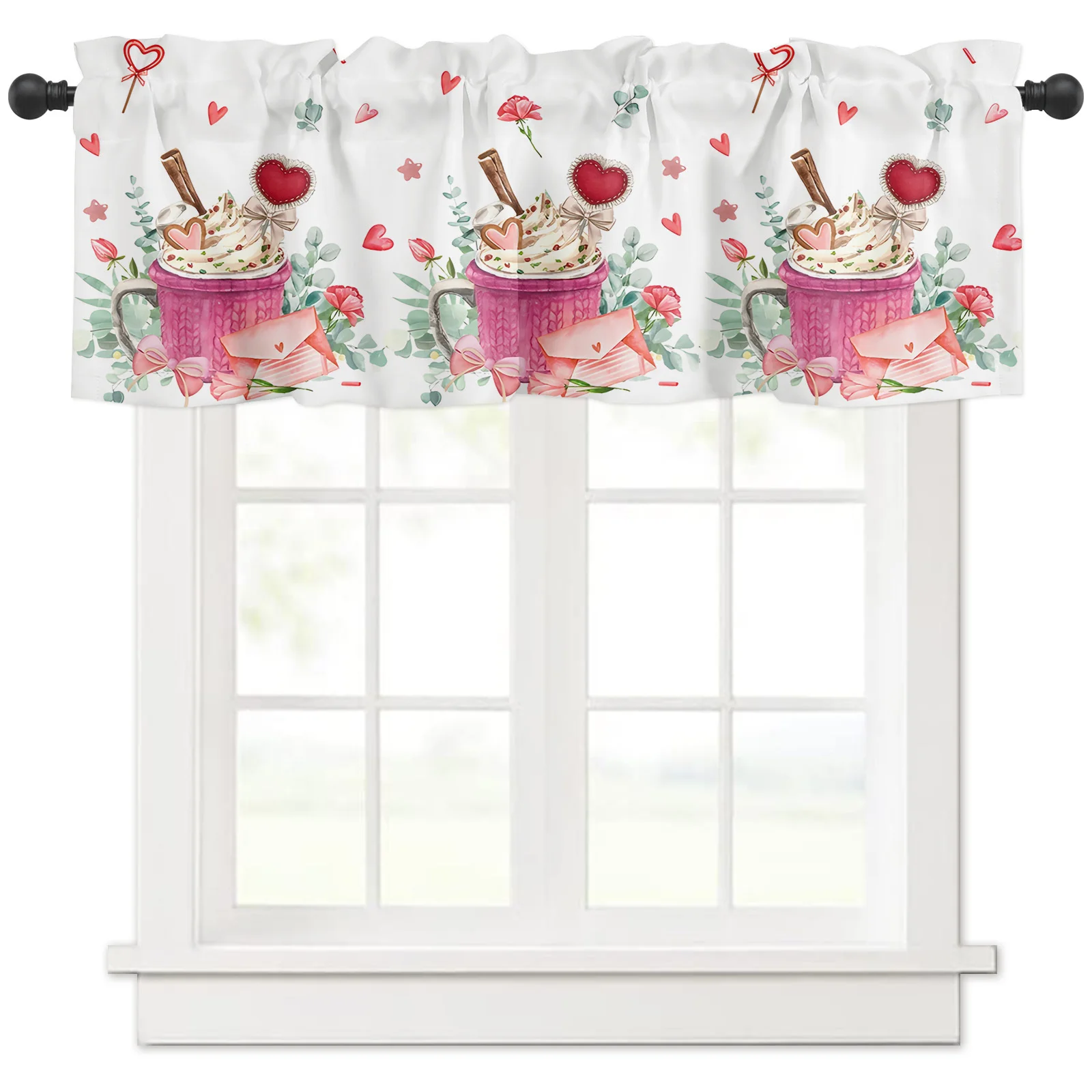 Valentine'S Day Coffee Cup Kitchen Curtains, Heart Polka Dot Patterned Polyester Curtain Valance, Sweet Romantic Short Curtains