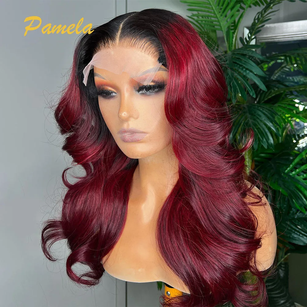 Peruca sem cola com frente de renda transparente, cabelo humano pré arrancado, onda corporal colorida, Ombre 1B, 99j, 13x6 HD, pronto para ir