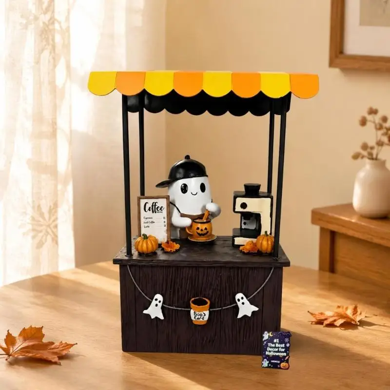 Halloween Decorative Figurine with Miniature Coffee-Serving Spirit Stand, Pumpkin Cup, Coffee Machine, and Striped Canopy KXRE