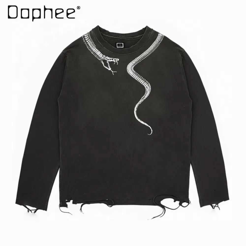 

Spring and Autumn New Dark Gothic Punk Style Subculture Snake Print Black Loose Casual Men's Round Neck Long Sleeve T-Shirt