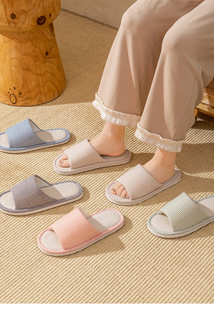 Herren Rutschfeste Leinen-Hausschuhe für Frühling und Sommer, Atmungsaktive Innenraumschuhe mit Offener Zehenpartie und Rutschfestem Streifendesign – Detail 10
