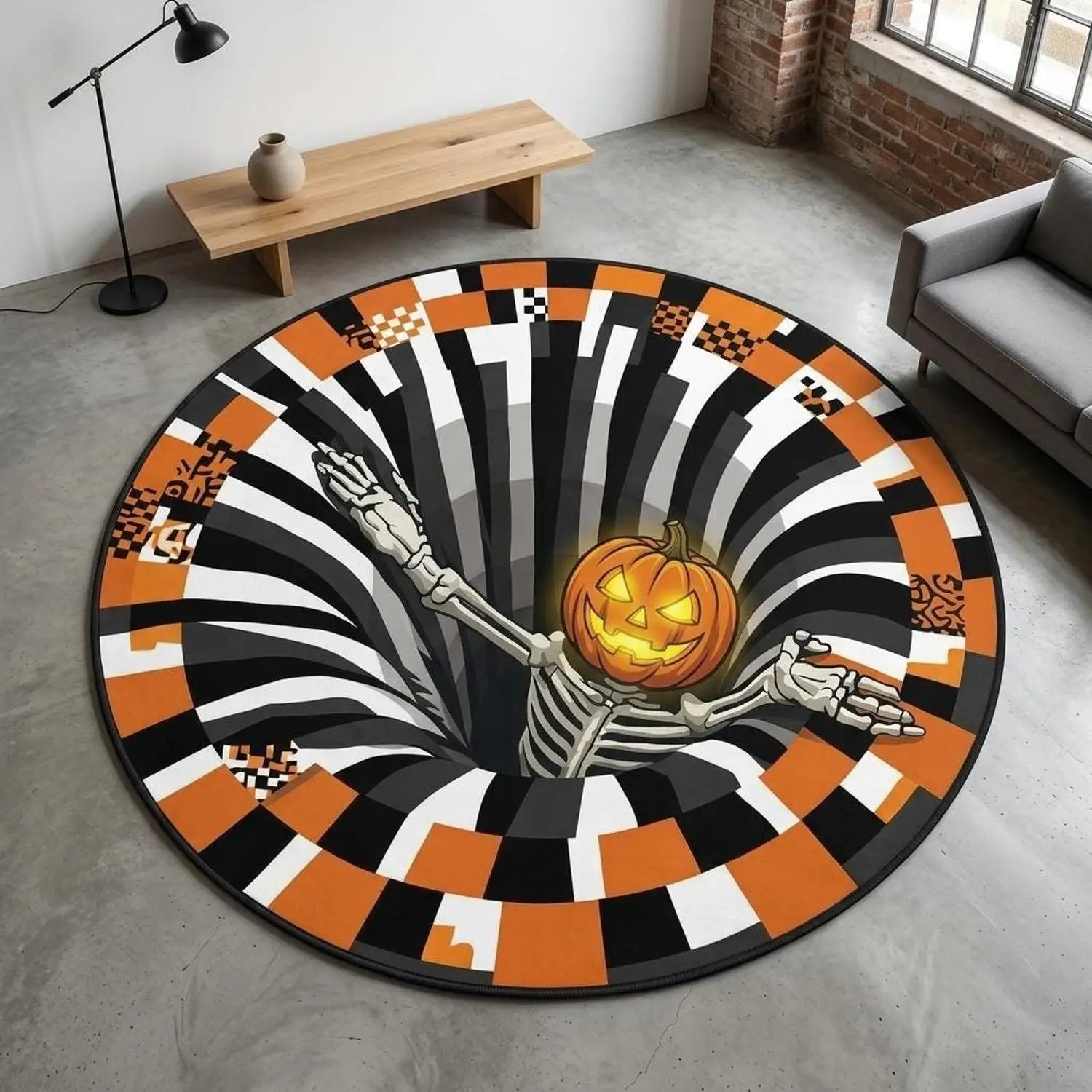 【Room Decoration Carpet】Pumpkin Lantern and Skull Round Carpet, Surreal Horror Style Entryway Carpet, Decorative Gift for Halloween Enthusiasts