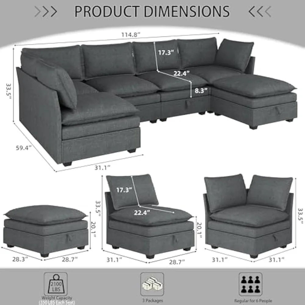 115'' Large  Couches with Storage Seats for Living Room, U Shaped Modular Sectional Sofa Couch Set, 6 Pieces Comfy
