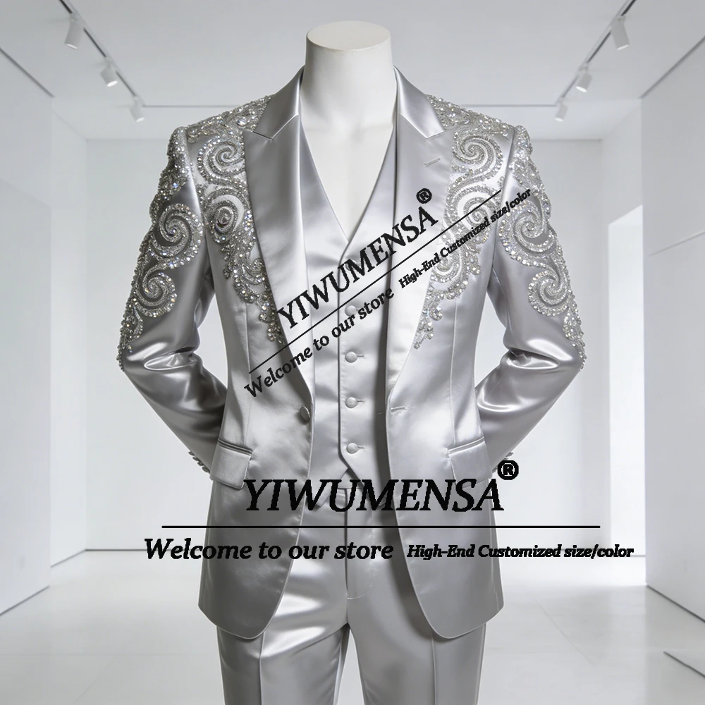 

Brilliant Sliver Beaded Men Suit Attire Slim Fit Single Breasted Prom Blazer Customized Man Banquet Sliver Groom Banquet Tuxedos
