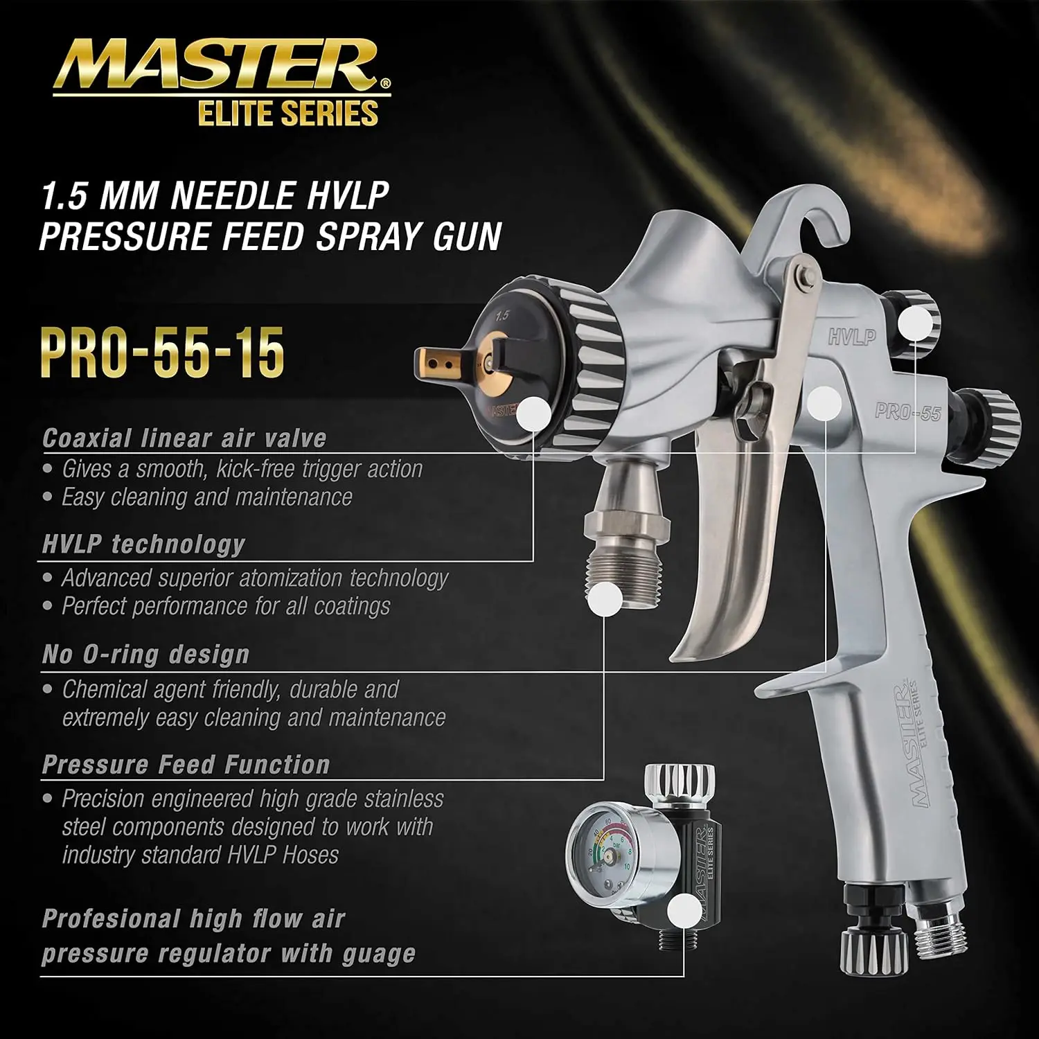 Master Elite High-Performance Pro-55 Series Hvlp Pressure Feed Spray Gun With 1.5Mm Tip - Ideal For Automotive Basecoats,