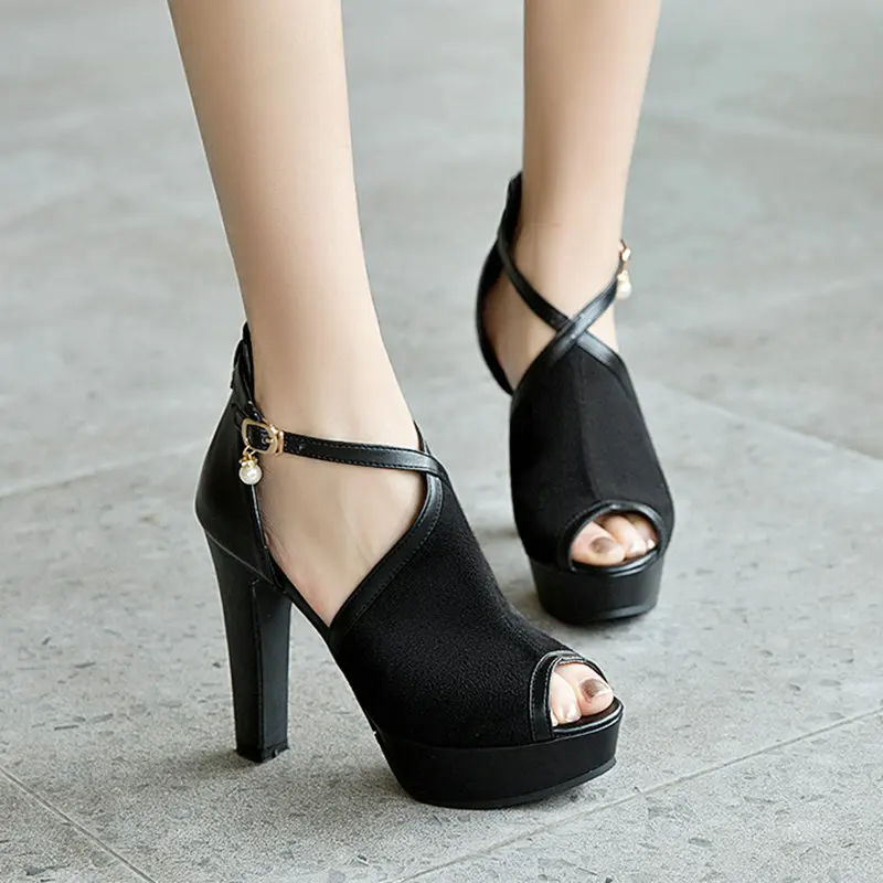 

Heels Big Size 46 47 48 49 50 Cross-strap Navy Blue Black Peep Toe Sexy Mature Lady Summer Shoes Platform Thick Heeled Sandals