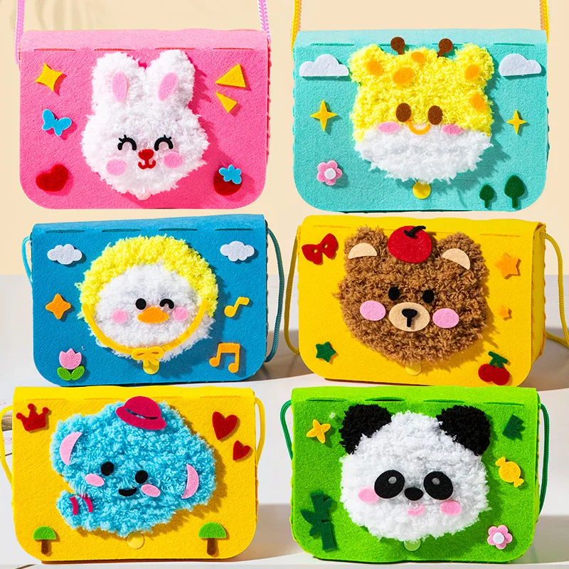 Sac à bandoulière de couture pour enfants, Kits artisanaux, broderie de fil, Animal de dessin animé, sac messager en tissu Non tissé, jouets faits à la main pour enfants