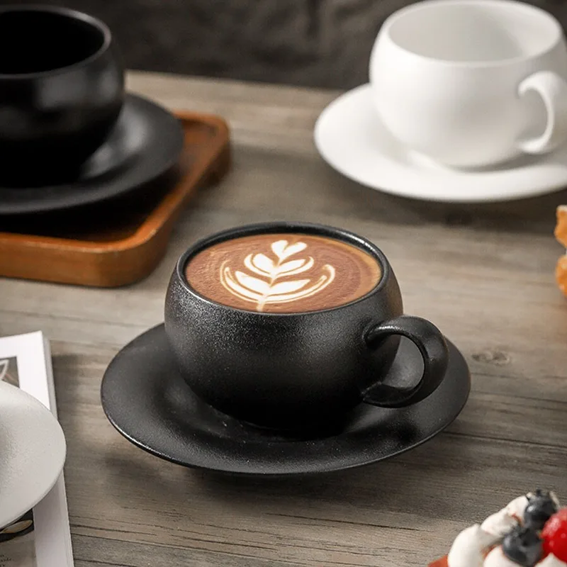 Matte Black White Ceramic Coffee Cup Saucer Set 300ml  Heat-Resistant Porcelain Latte Art Espresso Mug for Home Cafe Barista